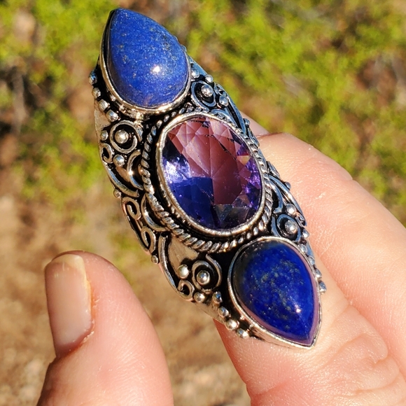 New Amethyst and Lapis Lazuli 925 Silver Statement Ring. - Picture 5 of 16